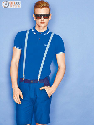 KUBORAUM黑色方框太陽眼鏡 $2,650（a）、Blues Heroes藍色Polo Shirt $490（b）、initial灰色吊帶 $390（c）、izzue藍色西裝短褲 $699（l）