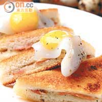 Jamón, Manchego & Truffle Toastie, Quail Eggs $88（e）<br>經典西班牙Tapas，脆脆松露醬多士遇上火腿、芝士、還有隻隻晶瑩的香煎鵪鶉蛋。