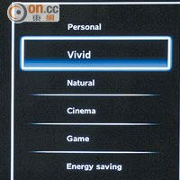 設有Natural、Cinema、Game等播放模式，睇戲時用Cinema能強調菲林感。