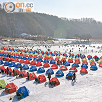 約200個排列整齊的帳篷可供釣友使用，色彩繽紛。