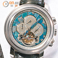Tecnica Palme集陀飛輪、三問、萬年曆、計時碼錶4大高級鐘錶複雜功能於一身，腕錶透過鐫刻和大明火珐琅這兩項工藝在錶盤及雙層錶底蓋，飾以通透富立體感的棕櫚葉圖案。限量1枚。