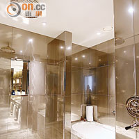 浴室以金色磨沙鏡代替瓷磚，視覺效果相當特別。