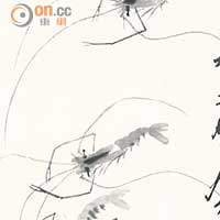 今年是國畫大師齊白石誕生150周年，藝博館現正展出北京畫院珍藏的齊白石各時期作品共300件，圖中為他的作品《蝦》。