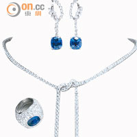 Egerie藍色藍寶石、鑽石耳環 $3,046,000<br>Classique藍寶石、鑽石項鏈 $1,660,000<br>Celia藍色藍寶石、鑽石戒指 $1,743,000