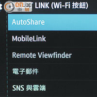 特設Wi-Fi快捷鍵，可預先選擇AutoShare、MobileLink等功能。