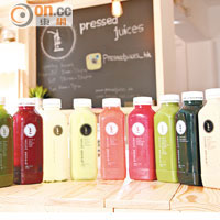 （左起）Greens 3、Earth 3、Zing 3、Zest 4、Berry Glow 2、Antiox 2、Smooth Energy、Refresh 2及Almond Mylk，價錢由$55起，分類仔細，可按個人口味選擇。