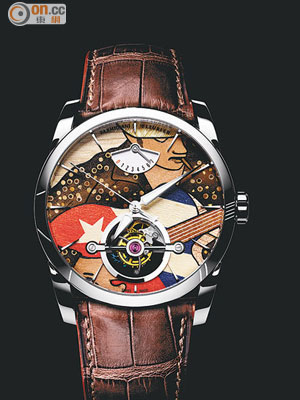 Tondo Mambo木質鑲嵌細工工藝陀飛輪腕錶，以古巴結他手即興撥動琴弦演奏故鄉曼波舞曲作主題，鉑金錶殼，全球限量一枚。	$2,316,000