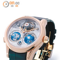 Tourbillon Cylindrique Geosphères Vasco da Gama限量腕錶，腕錶設有3時區顯示及源自航海時鐘的筒形游絲，最搶鏡是錶盤上的兩個立體地球形雙時區顯示。