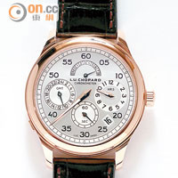 L.U.C Regulator玫瑰金腕錶 $259,000<br>腕錶能滿足喜歡「一目了然」的錶迷，錶盤設計分布鮮明，12時位置為動力儲存；3時為時針顯示；6時為小秒針；9時為第二時區時間，還有於4時30分恰到好處的日期顯示，天衣無縫的比例分配。