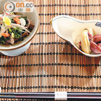 前菜醋味噌螢烏賊與初鰹刺身都是4月、5月當造的時令海產，配搭京都白味噌、日本野菜和醬汁非常可口。