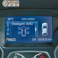 錶板中央彩色屏幕提供豐富行車資訊，並可藉此掌握Intelligent AWD四驅系統運作狀態。