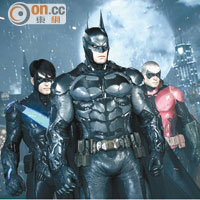 Nightwing、Batman及Robin（左至右）聯手在葛咸城警惡懲奸。