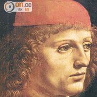  《Portrait of a Musician》<br>作於1485年左右，學者從其臉上辨別出達文西的精細畫觸，而帽子及頭髮等則可能由其他人修補過。