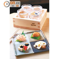 Sake Tasting Set<br>（With Food Pairing）$308<br>店主不定期挑選4款由淡到濃的清酒，配上醃漬蓮藕、海膽、明太子薯仔沙律及黑豆伴Cream Cheese，適合入門淺嘗。