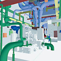 建築物的管線系統包括供電、電訊、燃氣、供水、排水等，以3D立體型模來展示，可展現出各種管線的走向，方便找出設計的漏洞。