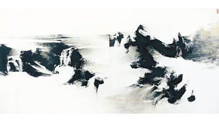 劉國松《寒山平遠》（1969年作）<br>畫家最早期的山水畫傑作之一，風格狂放、簡約且抽象，展現出精湛純熟的拓墨技巧和奔放傳神的筆觸。