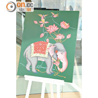 《Knots》<br>洪芝妍愛為畫中事物帶來視覺變化，大象呈漸變色，蓮花的根是繩子，鳥兒和大象把花兒綁在一起……超乎異常。