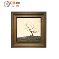 王中軍《老家的山景》<br>以烏雲、枯樹與落葉構成的畫面，表達了畫家的思鄉情懷。