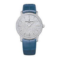 TRADITIONNELLE小型號腕錶，鑲有608顆圓形切割鑽石，總重約3.3卡，配襯深藍色手工縫製方紋密西西比鱷魚皮錶帶。