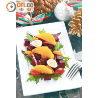 紅菜頭沙律<br>前菜之一，用上營養價值高的紅菜頭，拌以橙肉、番茄、青瓜和洋葱，色彩豐富，清新開胃。