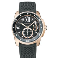 Calibre de Cartier Diver潛水腕錶（G） <br>搭載品牌自家1904-PS MC型自動上鏈機芯，單向旋轉錶圈及Super-LumiNova夜光指針及刻度，防水深度300m，18K玫瑰金款式。 $205,000