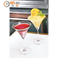 （前） Daiquiri +Chocolate Rind $89（後）Rose Martini $98<br>沙冰雞尾酒用冧酒和鮮水果加冰打製，客人還可以揀選杧果、荔枝或菠蘿口味。Martini以氈酒為基酒，加入青檸汁和苦艾酒，以及玫瑰Syrup和紅酒而成，色澤迷人。