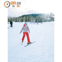 上坡時要將滑雪板呈V狀，兩腳內側盡量貼地，增加板邊與雪地的摩擦力。