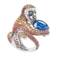 BOUCHERON白金、藍寶石、祖母綠、<br>橙色寶石、黃色寶石及鑽石猴子造型戒指 $38.5萬（A）