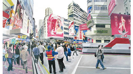 周俊輝《旺角，西洋菜街》<br>藝術家早期重點之作，以全景式構圖刻劃旺角街景，更包含藝術家鍾情的主題︰紅色的士。