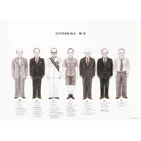 石家豪《歷任共二十八位香港總督》（部分）以彩色鉛筆描繪出歷任港督的肖像，風格獨特。