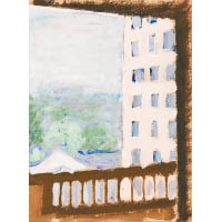 張偉《福綏境公寓》（1975）<br>藝術家於幽暗環境下繪畫窗外景致，這種暗地裏創作的動機，跟當年一大堆為政治服務的藝術品形成強烈對比。