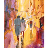 Jean Michel Garczynski《Ensemble sous la pluie》<br>法國著名當代表現主義藝術家，圖中作品描寫一對戀人在雨中散步，在昏黃的光線襯托下，意境浪漫。