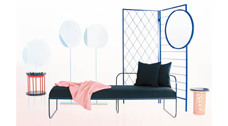 APPAREL<br>由網格與幾何圖案構成的漆鋼衣架，用家可掛放衣物之餘，亦可將它當作屏風使用。<br>BALCONY<br>坐臥兩用長椅，設計簡約，以鋼框架及軟床墊組成，讓人聯想起戶外的鞦韆架。