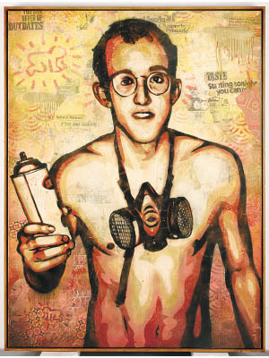 Stephen Fairey《凱斯‧哈林》（2010年作）<br>美國著名藝術家，時尚品牌OBEY創辦人，曾為奧巴馬設計競選海報《Hope》而紅遍全球，他為Keith Haring留下這幅作品，印證二人的深厚交情。
