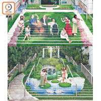 九龍公園的樓梯畫以園景設計為主，一邊演奏樂章，一邊細聽流水，詩意十足！
