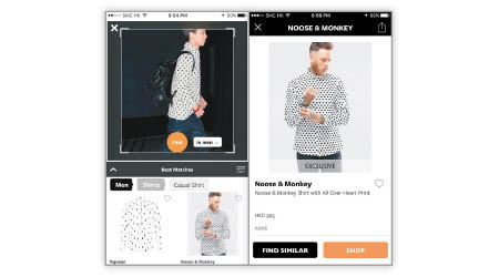 （左）想買G-Dragon呢件圓點恤衫，只要將相片上載到App上，不同價格、款式類近的服飾均會立即顯示。（右）再直接連接到該品牌的網頁，就可輕鬆選購。