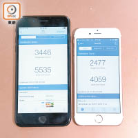 跑分測試<br>從《Geekbench》跑分可見，iPhone 7 Plus（左）有5,535分，較之iPhone 6s（右）的4,059分，高出千幾分！
