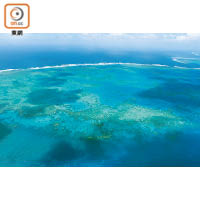 於直升機上鳥瞰大堡礁，是一片多層次的藍。