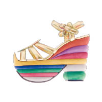 1938年Ferragamo先生嘗試用軟木等創新材質，製作了一雙造型前衞的Rainbow彩虹鬆糕鞋。