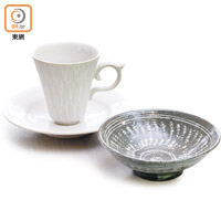 （前）日本藝術家口垣千悅的手製陶瓷碗。 $235<br>（後）由栃木縣益子町燒製的咖啡杯連底碟。 $560/套