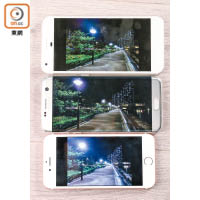 測試區<br>於低光環境下以Pixel XL、Galaxy S7 Edge及iPhone 7（上至下）拍攝，發覺Pixel XL嘅雜訊控制能力最強，街燈下嘅樹葉及遠景嘅大廈放大後依舊細緻清晰，亦沒有出現偏色問題。