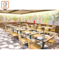 半開放式用餐區則以黑白馬賽克地磚配手繪熱帶雨林風格牆身，營造出戶外園林的自然感覺。