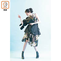 Simone Rocha黑色乾濕褸 $9,999、黑 × 米黃色花卉刺繡紗綢連身裙 $24,599（A）