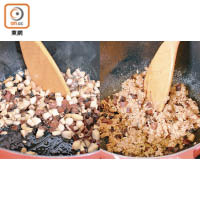 以中小火慢炒糯米，分幾次倒入冬菇水，反覆將生糯米炒熟。