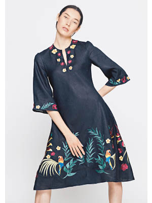 黑色鸚鵡×花卉刺繡圖案連身裙 $3,748