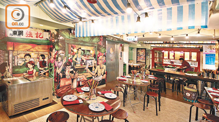樓上用餐區集舊式士多、茶餐廳及大牌檔設計於一身，大圓桌子配圓櫈，還有一幅主題壁畫，氣氛突出。（a）