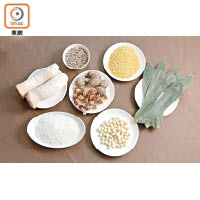 材料<br>糯米、藜麥（比例1:1）；綠豆、蓮子、姬松茸、雞髀菇及冬菇各適量