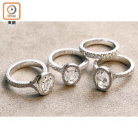 Nirav Modi Celestial單顆鑽石戒指的主鑽重量最少為0.50卡，每一枚售價由$47,000起。圓形切割鑽石戒指（左）、祖母綠切割鑽石戒指（中）、梨形切割鑽石戒指（右）（A）