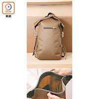 F/CE. No Seam Ziplock Backpack $2,280（A）<br>採用Cordura防水布料，頂部以Zip Lock設計作開關，縫口以重型機器進行超聲波處理加工，變成無接縫的一體設計，100%防水。