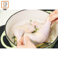 雞髀洗淨用少許鹽醃味。燒一鍋水，放入薑及葱，下雞髀，水滾後轉細火煮20分鐘，瀝水備用。